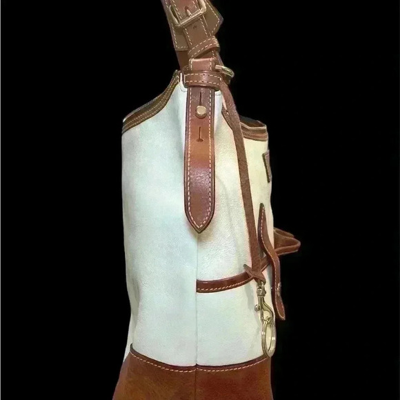 Dooney & Bourke Florentine Leather Large Satchel Cream Brown Bag Pockets - Picture 4 of 10